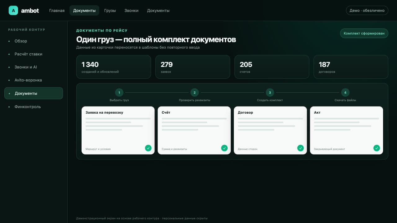 Обезличенный пример формирования заявки, счёта, договора и акта из одной карточки перевозки