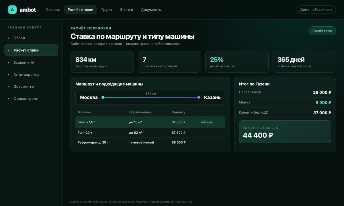 Обезличенный пример калькулятора перевозки с маршрутом Москва — Казань, выбором автомобиля и раздельными ценами